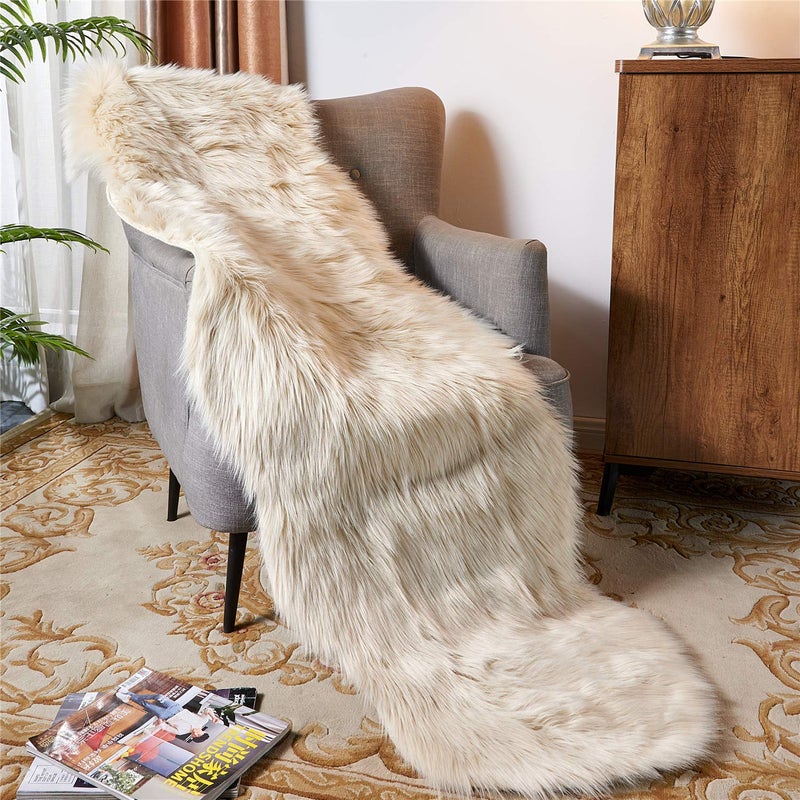 Easy Joy EasyJoy Ultra Soft Fluffy/Fuzzy Shaggy Area Rug Faux Fur Chair Cover Seat Pad for Bedroom Floor Sofa Living Room (2 x 6 ft Sheepskin, Beige) - Image 2